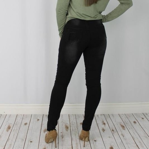 Black Distressed Jeans with Lace Inserts - Picture 3 of 4